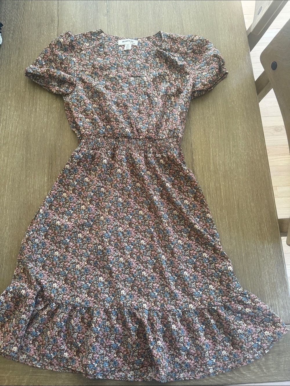 Monteau Brown Floral Smocked-Waist Midi Dress with Pink & Blue Accents